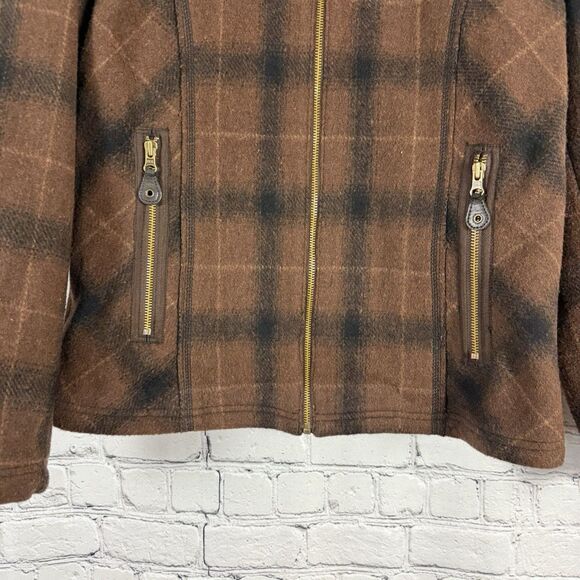 Ruff Hewn Full Zip Jacket Wool Blend Elbow Patch Womens L Brown Plaid Zip Pocket - Picture 6 of 13